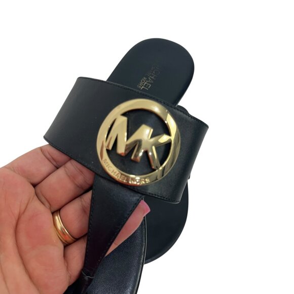 Michael Kors Women Black Leather Thong Sandals W/ Gold Logo Size 9.5M - Picture 10 of 11